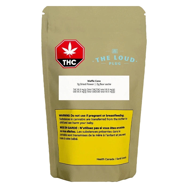 Front-facing image of the Waffle Cone pouch from The Loud Plug, a tan resealable bag with a red THC symbol, white label and yellow Health Canada warning.