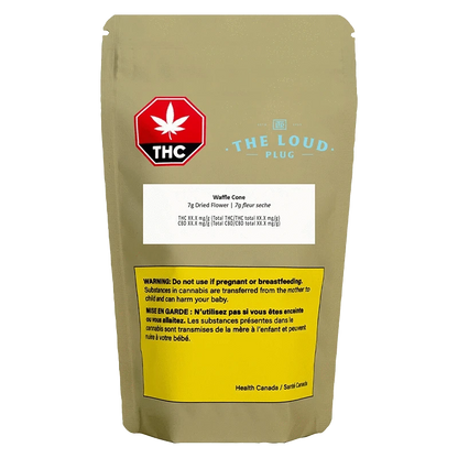 Front-facing image of the Waffle Cone pouch from The Loud Plug, a tan resealable bag with a red THC symbol, white label and yellow Health Canada warning.