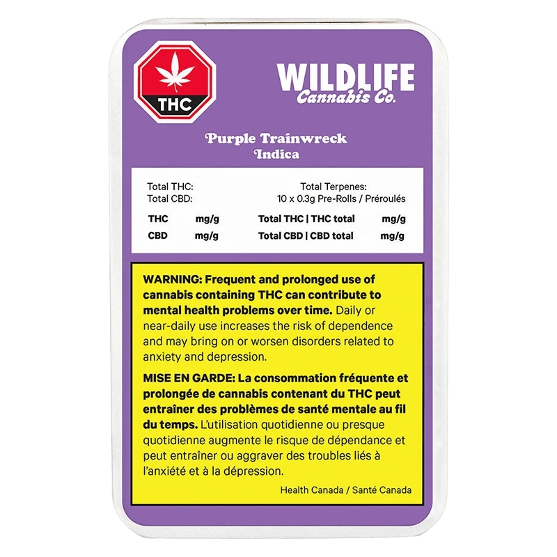 Top-down view of the purple-labeled Wildlife Cannabis Co. Purple Trainwreck PR 10 X 0.3 g tin with warning block and THC symbol.