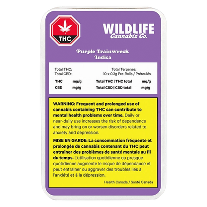 Top-down view of the purple-labeled Wildlife Cannabis Co. Purple Trainwreck PR 10 X 0.3 g tin with warning block and THC symbol.