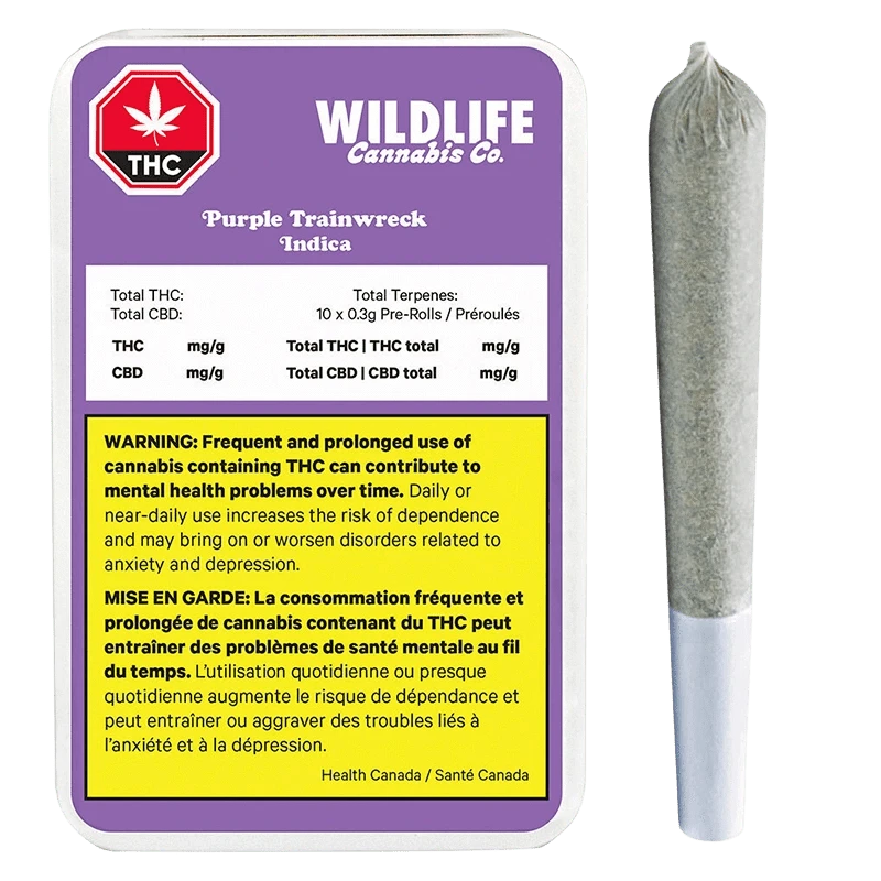 Top-down view of a Wildlife Cannabis Co. Purple Trainwreck PR 10 X 0.3 g tin with purple label and a single pre-roll beside it.