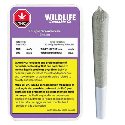 Top-down view of a Wildlife Cannabis Co. Purple Trainwreck PR 10 X 0.3 g tin with purple label and a single pre-roll beside it.