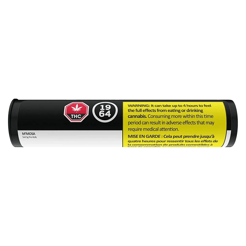 Horizontal studio shot of the black and white M'Mosa PR 5 x 0.5 g tube showing THC and 1964 icons and a yellow warning label.