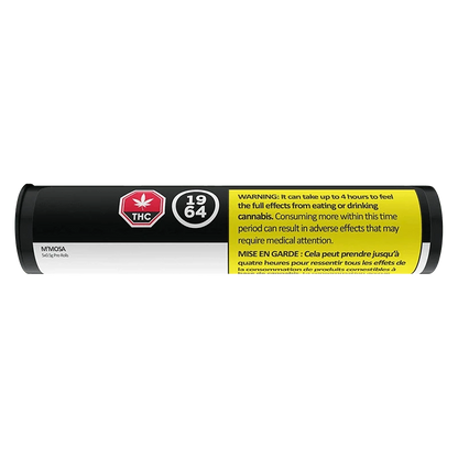 Horizontal studio shot of the black and white M'Mosa PR 5 x 0.5 g tube showing THC and 1964 icons and a yellow warning label.