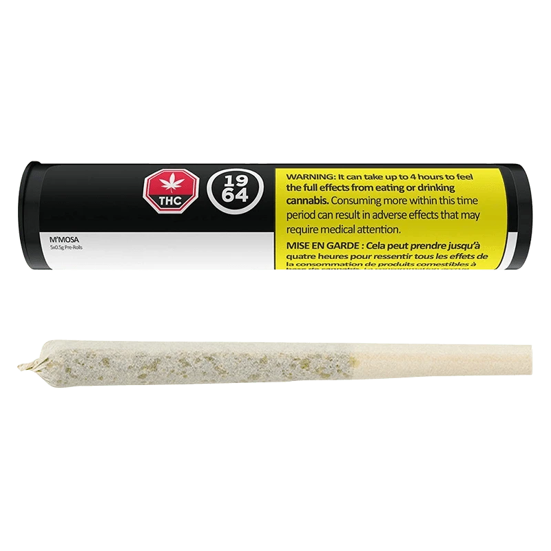 Black cylindrical tube labeled M'Mosa PR 5 x 0.5 g lies above a single pre-rolled joint on a plain white background.