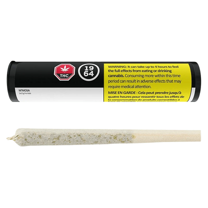 Black cylindrical tube labeled M'Mosa PR 5 x 0.5 g lies above a single pre-rolled joint on a plain white background.
