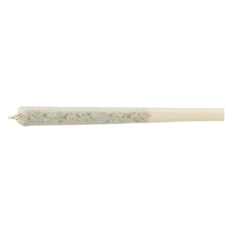 Side-on view of a single M'Mosa PR 5 x 0.5 g joint on a plain white background, showing the packed cone and paper tip.