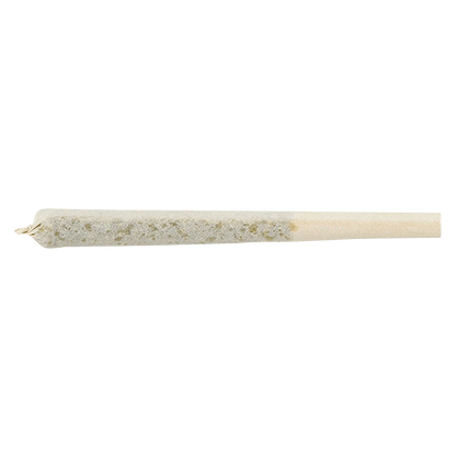 Side-on view of a single M'Mosa PR 5 x 0.5 g joint on a plain white background, showing the packed cone and paper tip.