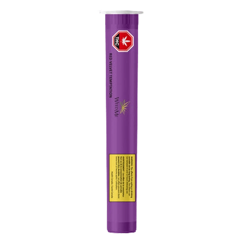 Vertical front view of the purple Red Velvet Temptation PR 3 x 0.5 g tube with a visible THC warning label.