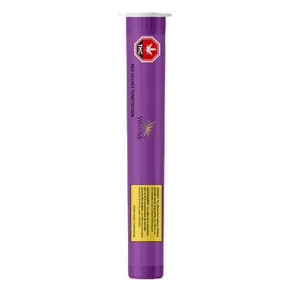 Vertical front view of the purple Red Velvet Temptation PR 3 x 0.5 g tube with a visible THC warning label.