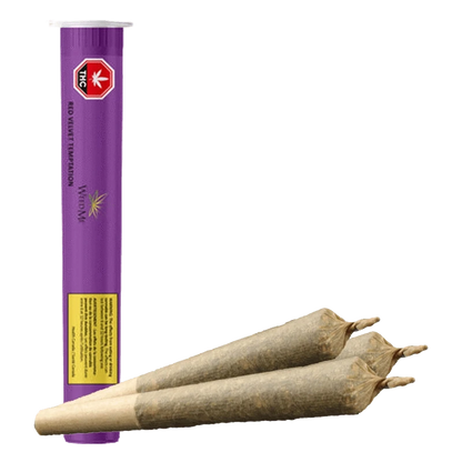 Vertical purple tube beside three brown cone-shaped prerolled joints in front, shown for Red Velvet Temptation PR 3 x 0.5 g.