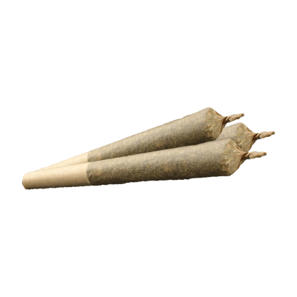 Studio-style close-up of two tapered Red Velvet Temptation PR 3 x 0.5 g pre-rolls lying side by side on a plain background.