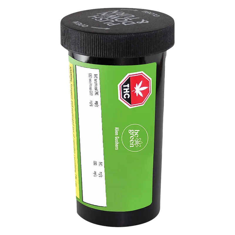 Tilted front view of a black container with a green label reading "Alien Gushers PR 20 x 0.5 g" and a red THC symbol.