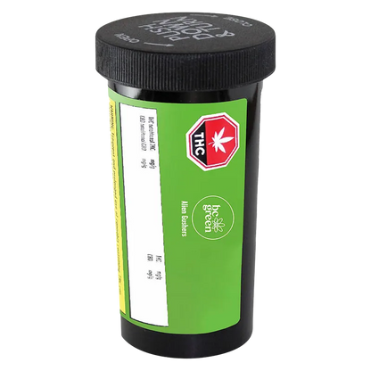 Tilted front view of a black container with a green label reading "Alien Gushers PR 20 x 0.5 g" and a red THC symbol.