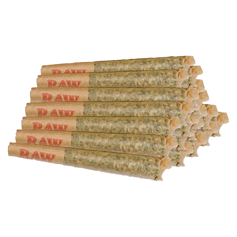 Stacked pyramid of pre-rolled joints photographed from a slight side angle, showing the paper tips and herb inside of the Alien Gushers PR 20 x 0.5 g.