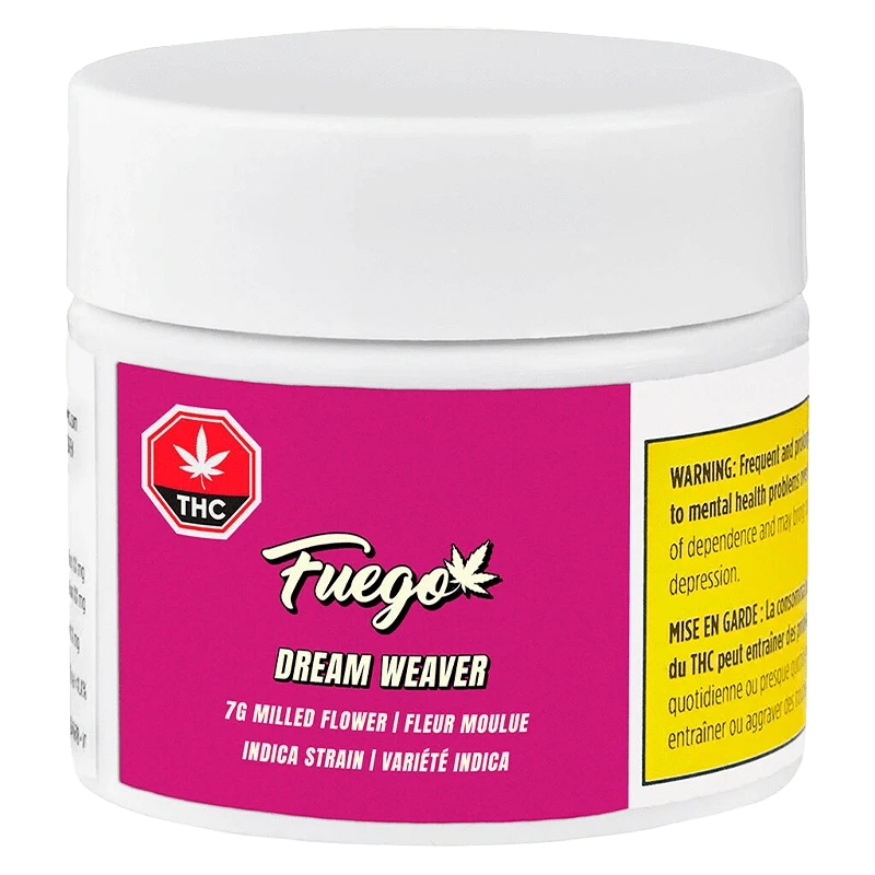 Front three-quarter view of the white jar labeled Fuego Dream Weaver with a magenta front panel, THC symbol, and yellow warning label visible.