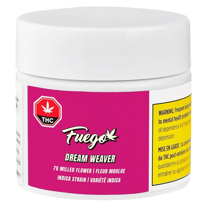 Front three-quarter view of the white jar labeled Fuego Dream Weaver with a magenta front panel, THC symbol, and yellow warning label visible.