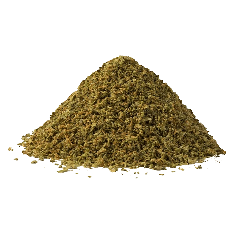 Ground-level view of a loose conical pile of green-brown herb labeled Dream Weaver centered on a plain light background.
