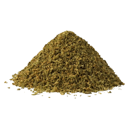 Ground-level view of a loose conical pile of green-brown herb labeled Dream Weaver centered on a plain light background.