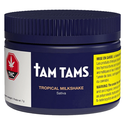 Front-facing shot of the Tam Tams Tropical Milkshake container in deep blue with bold white logo and bright warning labels.
