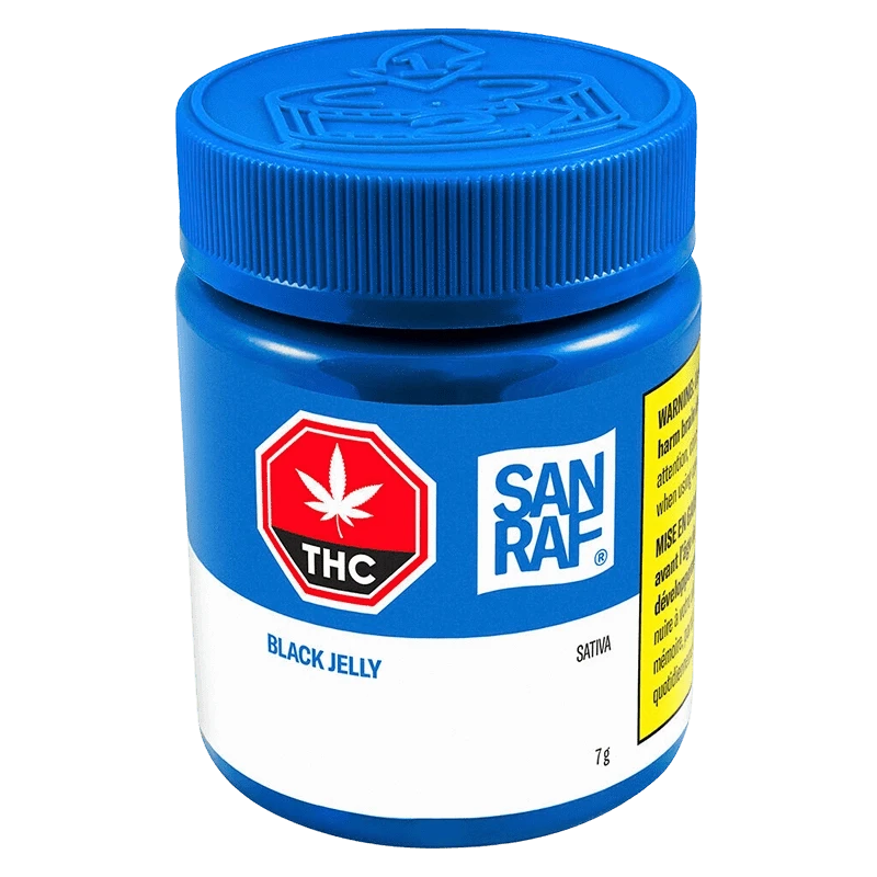 Close-up front view of the blue SAN RAF Black Jelly jar with a ribbed lid, THC symbol, and white product label.