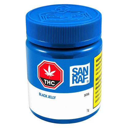 Close-up front view of the blue SAN RAF Black Jelly jar with a ribbed lid, THC symbol, and white product label.
