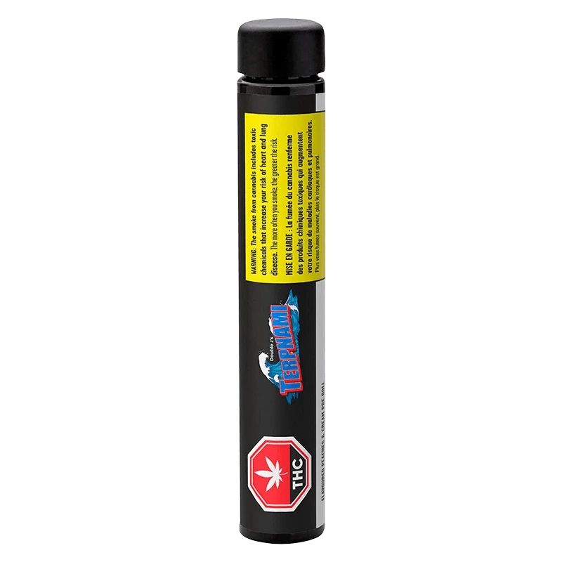 Tall front view of the Flavoured Peaches & Cream PR 4 x 0.5 g black cartridge tube with a yellow warning label and red THC icon.