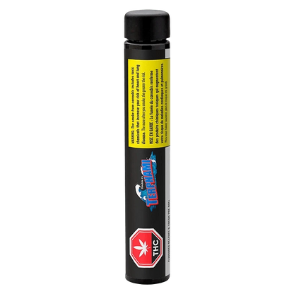 Tall front view of the Flavoured Peaches & Cream PR 4 x 0.5 g black cartridge tube with a yellow warning label and red THC icon.