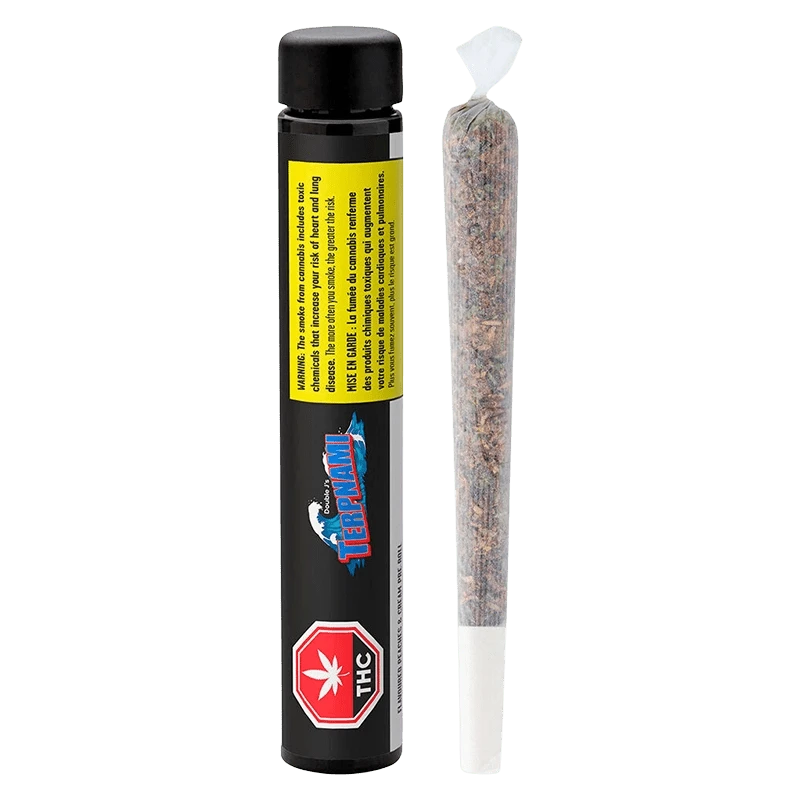 Straight-on view of a black tube and a rolled joint beside it, labeled "Flavoured Peaches & Cream PR 4 x 0.5 g" on the tube.
