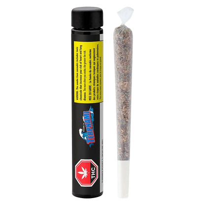 Straight-on view of a black tube and a rolled joint beside it, labeled "Flavoured Peaches & Cream PR 4 x 0.5 g" on the tube.