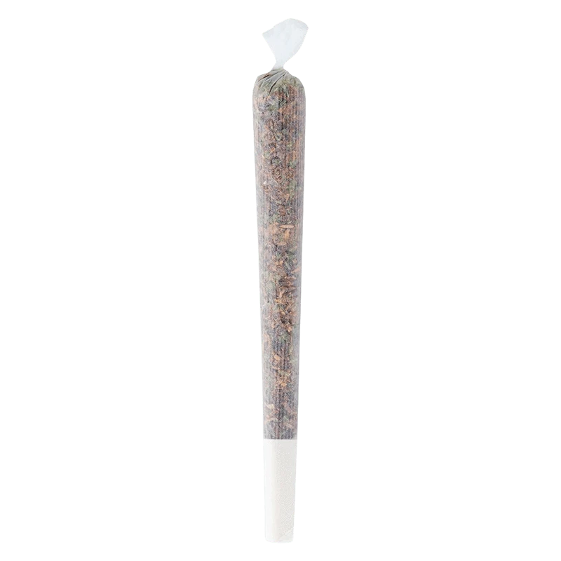 Straight-on view of a single rolled cigarette labeled "Flavoured Peaches & Cream PR 4 x 0.5 g" standing upright in clear paper with a white filter tip.