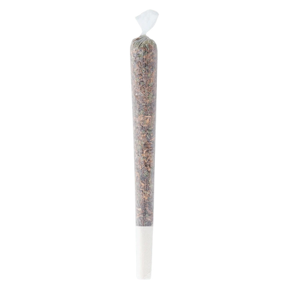 Straight-on view of a single rolled cigarette labeled "Flavoured Peaches & Cream PR 4 x 0.5 g" standing upright in clear paper with a white filter tip.