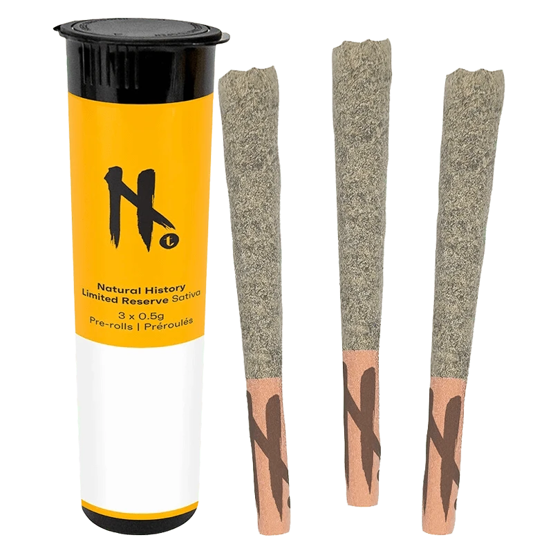 Right-side view of three grey-filtered pre-rolls next to a vertical yellow-and-white tube labeled Limited Reserve PR 3 x 0.5 g.