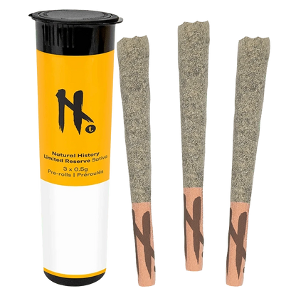 Right-side view of three grey-filtered pre-rolls next to a vertical yellow-and-white tube labeled Limited Reserve PR 3 x 0.5 g.