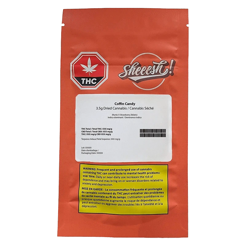 Front-facing shot of the red package labeled "Coffin Candy" with a white product information panel, THC icon, and yellow warning box.