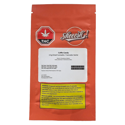 Front-facing shot of the red package labeled "Coffin Candy" with a white product information panel, THC icon, and yellow warning box.
