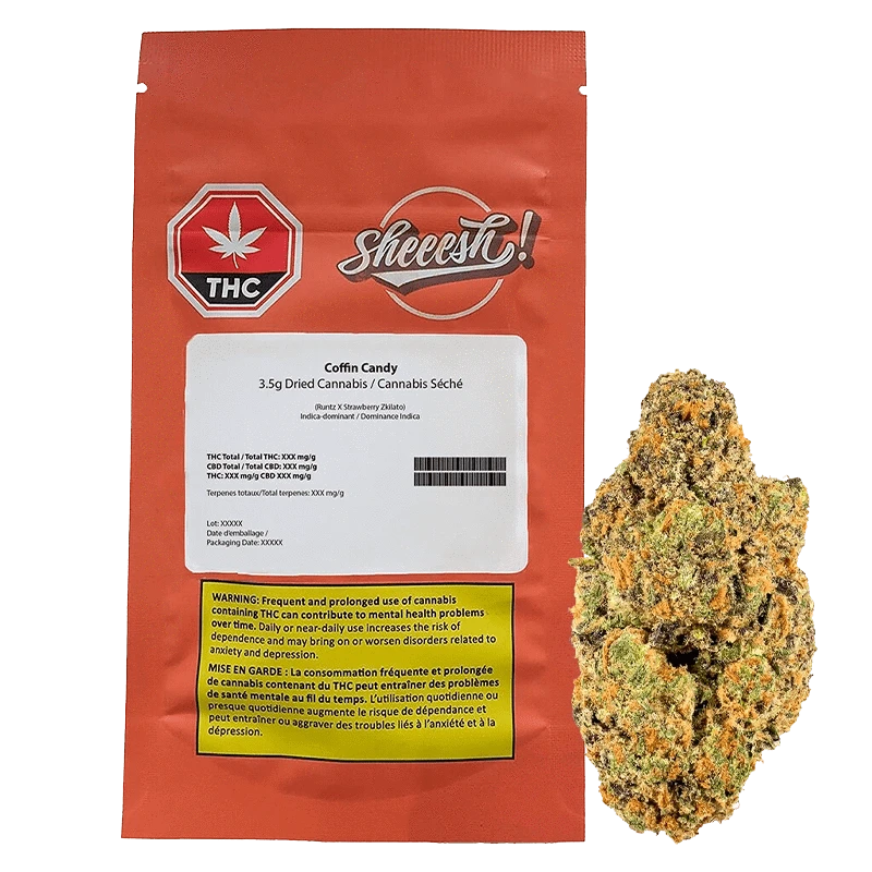 Flat-front photo of the red pouch and loose bud of Coffin Candy, showing the white product label, THC symbol, and a close-up of the green-orange cannabis nug.