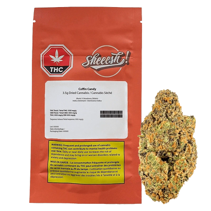 Flat-front photo of the red pouch and loose bud of Coffin Candy, showing the white product label, THC symbol, and a close-up of the green-orange cannabis nug.