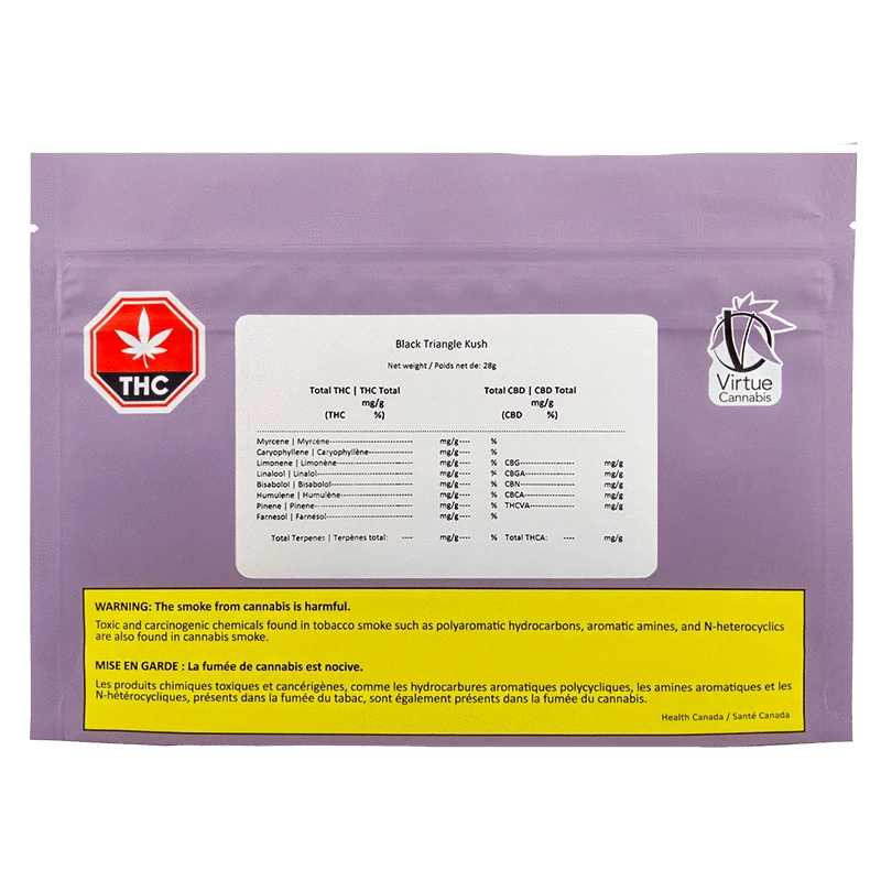 Flat front view of a purple pouch labeled "Black Triangle Kush" with a white info panel, THC symbol left and Virtue Cannabis logo right.