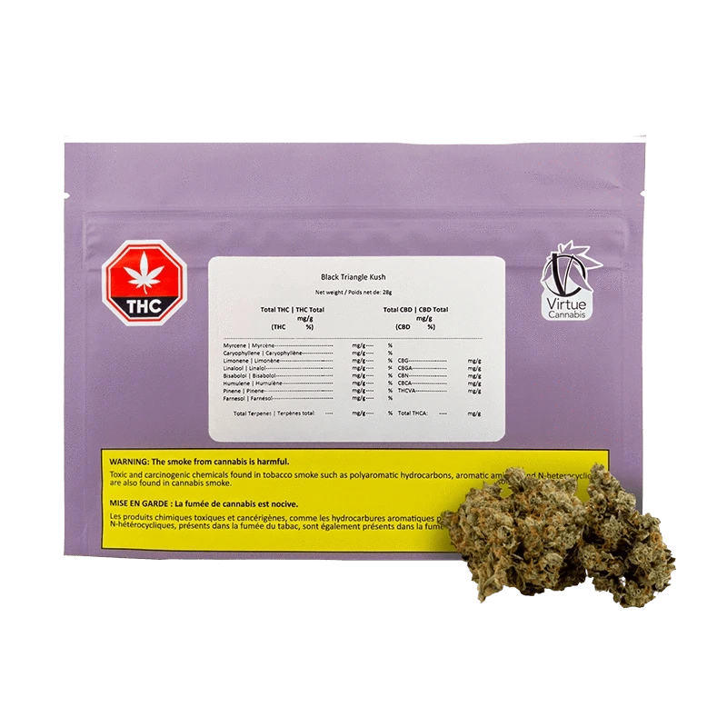 Front-facing shot of the purple pouch labeled Black Triangle Kush with a white info panel, THC badge, Virtue Cannabis logo, and loose buds at the lower right.