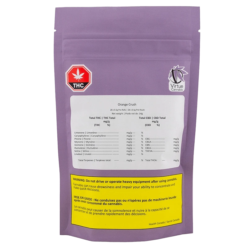 Rear-facing shot of the purple pouch labeled "Orange Crush PR 28 x 0.5 g" with a white info panel, THC symbol and yellow warning box.