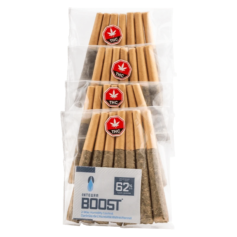 Stacked clear bags of prerolled cones shown from a slightly elevated front angle, each pack labeled "Orange Crush PR 28 x 0.5 g" visible with a red THC octagon.