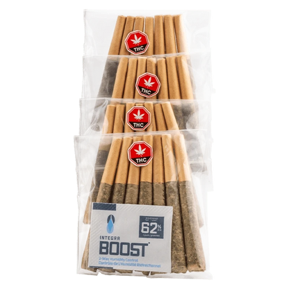 Stacked clear bags of prerolled cones shown from a slightly elevated front angle, each pack labeled "Orange Crush PR 28 x 0.5 g" visible with a red THC octagon.