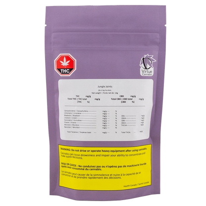 Front view of a purple resealable pouch labeled Jungle Joints PR 28 x 0.5 g with a white information panel, THC icon, and yellow warning box.