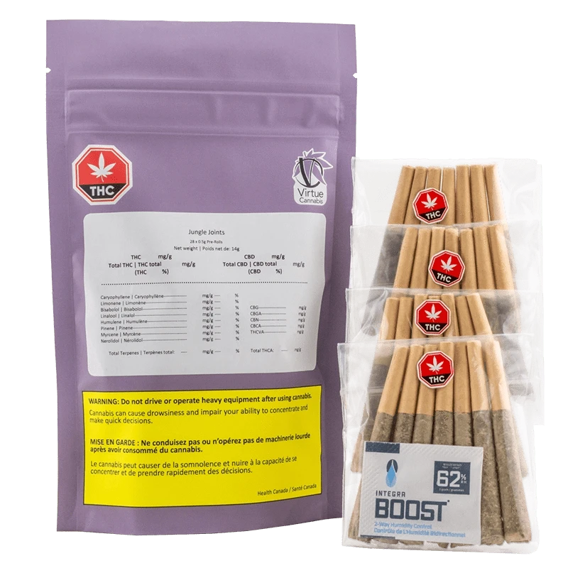 Front-facing shot of a purple pouch and clear tray of pre-rolled cones labeled Jungle Joints PR 28 x 0.5 g, the pouch showing a white lab-style sticker and yellow warning panel.