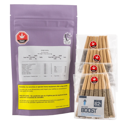 Front-facing shot of a purple pouch and clear tray of pre-rolled cones labeled Jungle Joints PR 28 x 0.5 g, the pouch showing a white lab-style sticker and yellow warning panel.