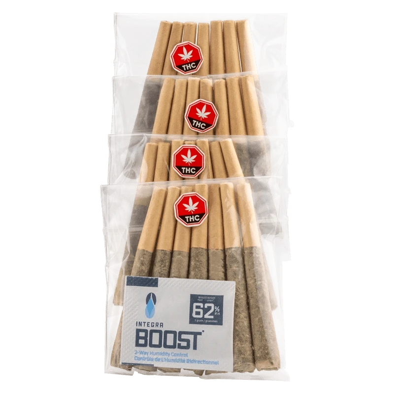 Top-down view of four clear bags of Jungle Joints PR 28 x 0.5 g arranged vertically, each showing brown pre-rolls and red THC stickers.