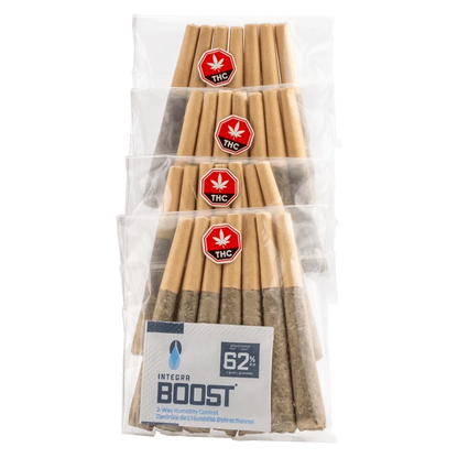 Top-down view of four clear bags of Jungle Joints PR 28 x 0.5 g arranged vertically, each showing brown pre-rolls and red THC stickers.
