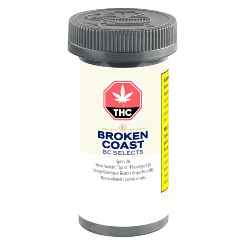 Front-facing view of a white prescription-style jar labeled "Broken Coast BC Selects: Sprits 26" with a black childproof cap and a red THC stop-sign logo.
