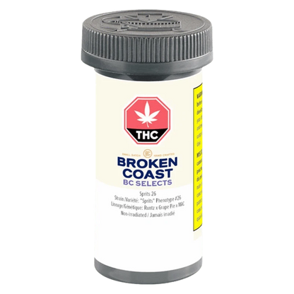 Front-facing view of a white prescription-style jar labeled "Broken Coast BC Selects: Sprits 26" with a black childproof cap and a red THC stop-sign logo.